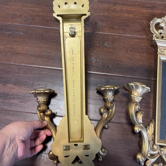 Set of 2 Vtg 1969 Syroco Black Gold Toned Candle Holder Wall Sconces #4061 USA - Picture 4 of 6